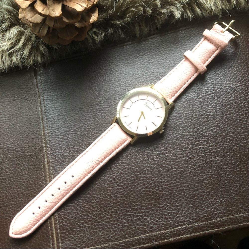 Ladies Geneva blush pink faux leather band watch
